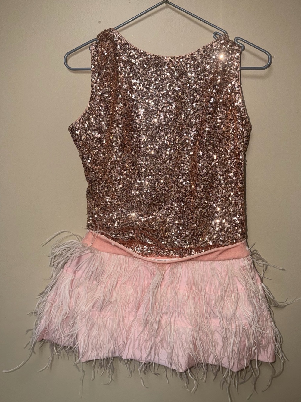 Girls Rose Gold Sequin & Pink Feather Dance Dress